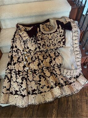 Embroidered Velvet Lehenga Set in Deep Maroon and Gold